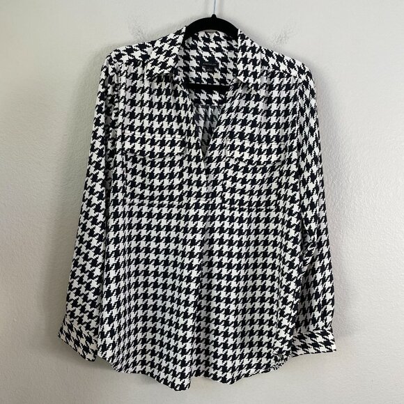 Ann Taylor Womens Medium Houndstooth Camp Shirt Blouse Black White Top - Picture 10 of 13